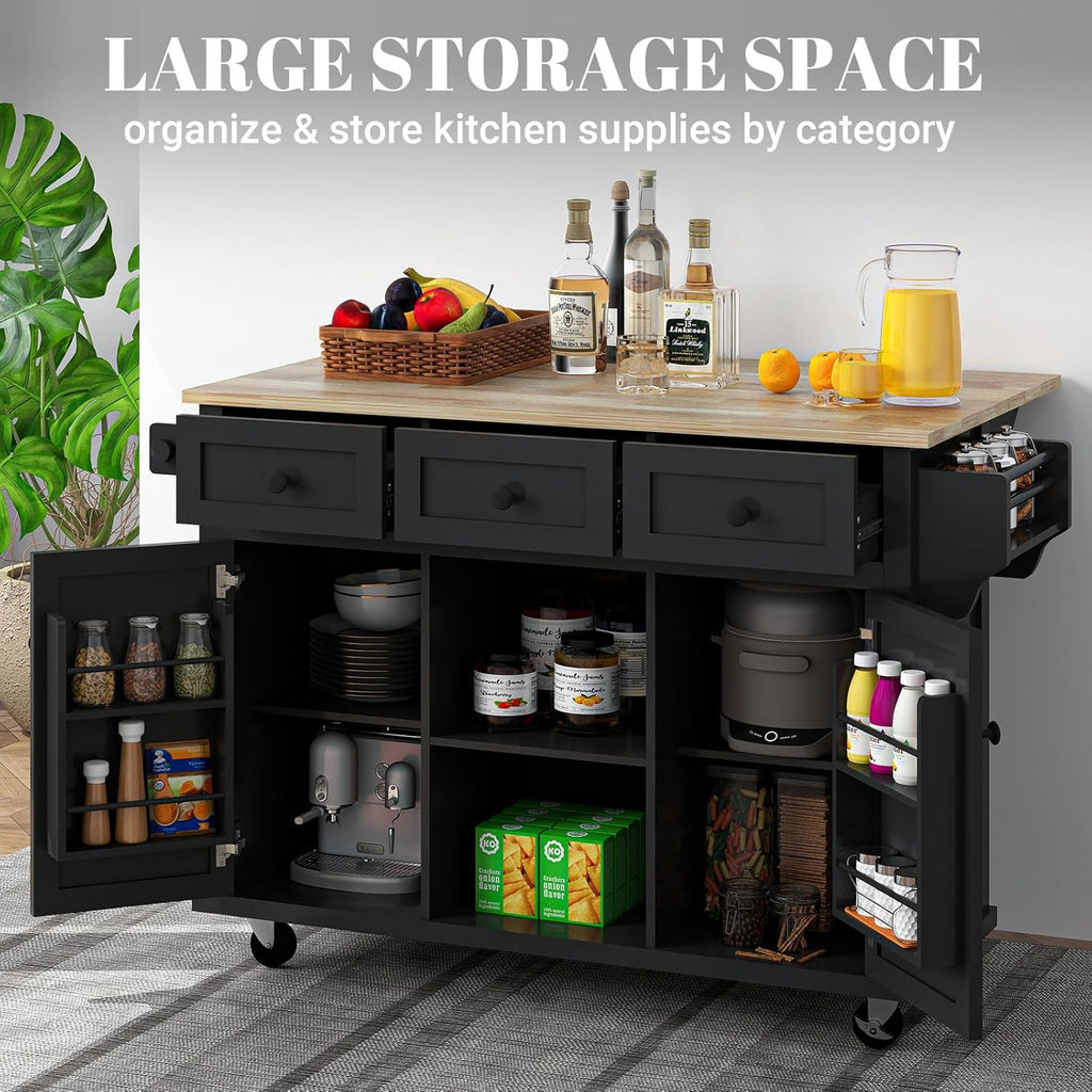 Black 53in Wood Rolling Kitchen Island with Drawer and Storage Cabinet B6290