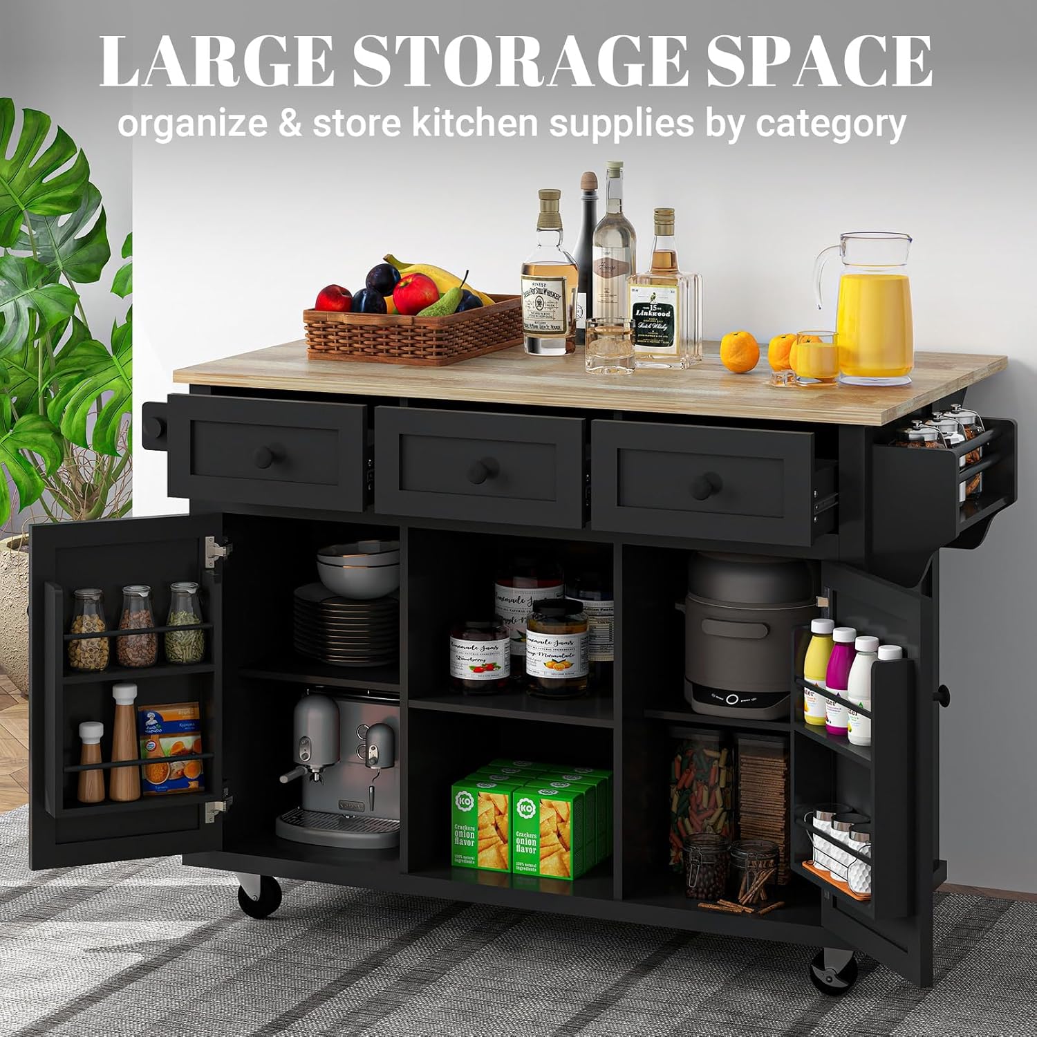 Black 53in Wood Rolling Kitchen Island with Drawer and Storage Cabinet B6290
