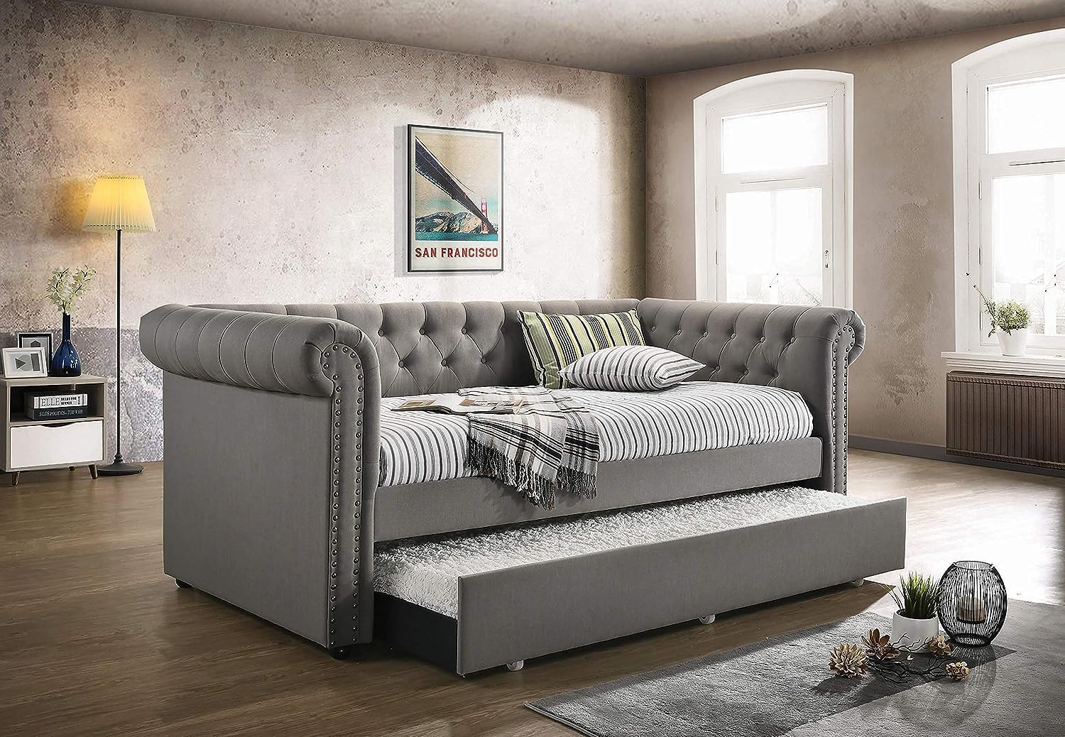 Gray Fabric Twin Size Tufted Upholstered Daybed with Trundle K761259