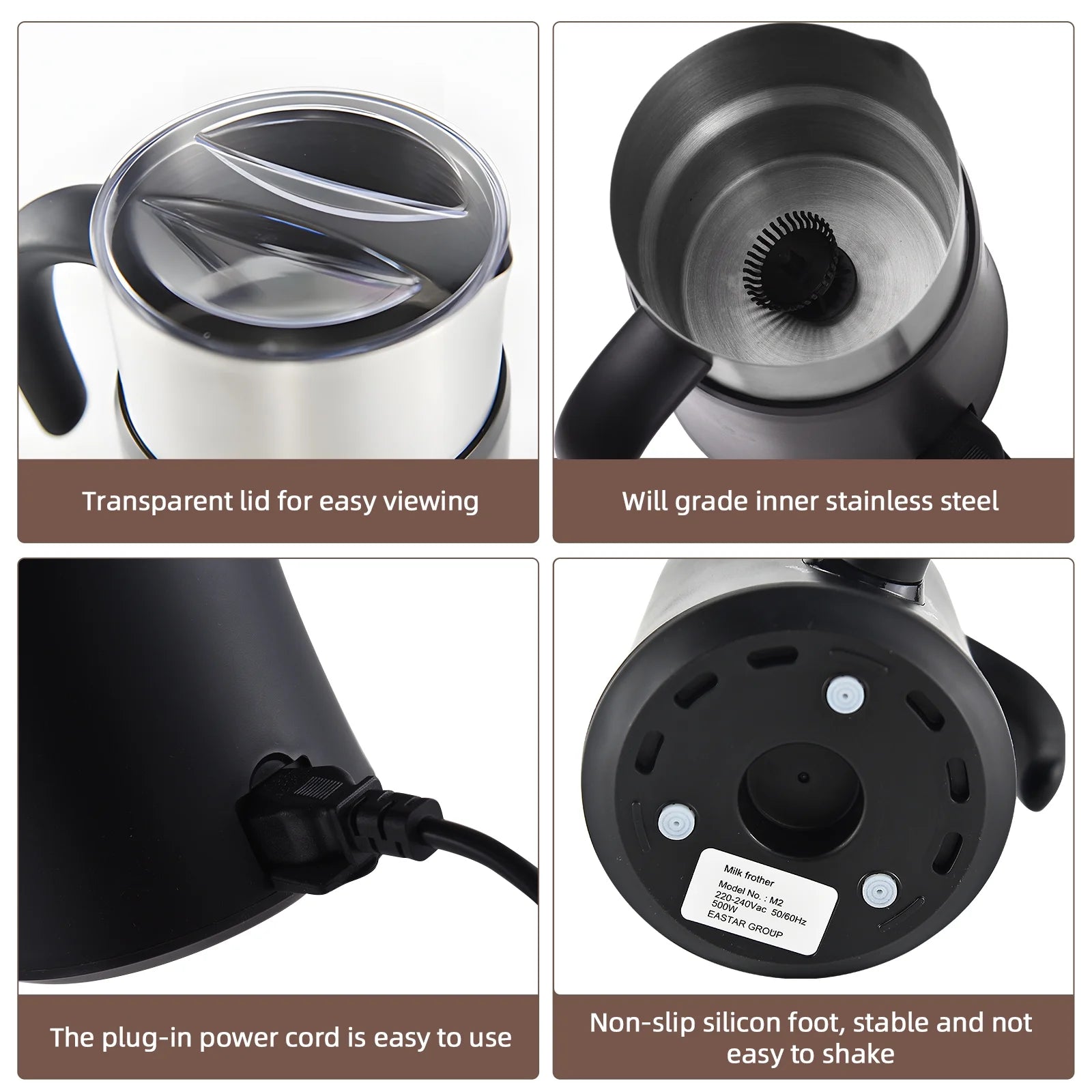 5 in 1 Electric Milk Frother - 24oz/700ml Hot and Cold Foam Maker and Milk Warmer 500W Non-Slip Coffee Frother G804706