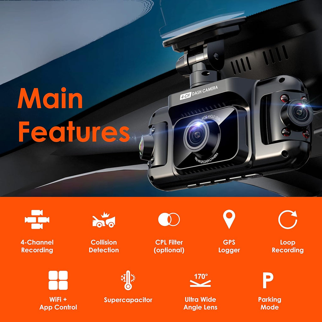 4 Channel Dash Cam with 1080p Resolution, Wi-Fi, GPS, IR Night Vision, Parking Mode, Collision Detection, Type-C Port P286197