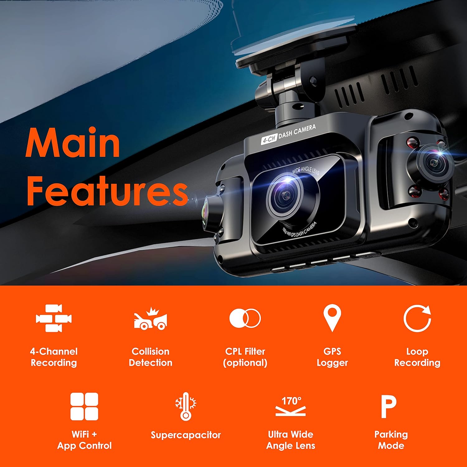 4 Channel Dash Cam with 1080p Resolution, Wi-Fi, GPS, IR Night Vision, Parking Mode, Collision Detection, Type-C Port P286197