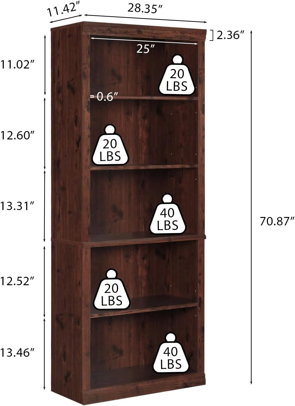 Wooden 5-Shelf Bookcase with Adjustable Shelves F6804