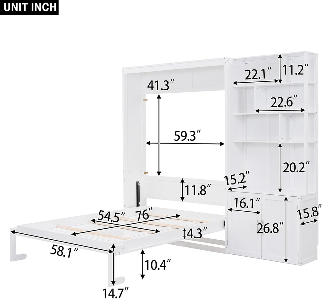 White Full Size Murphy Bed with Storage Cabinet and Shelves X74721
