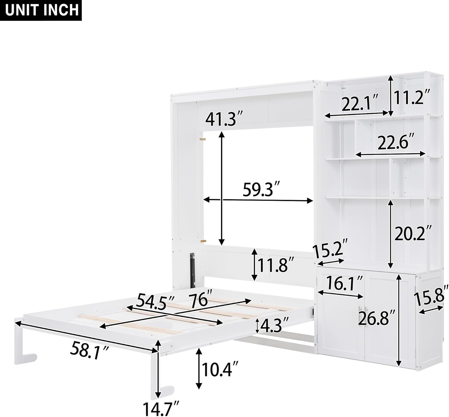 White Full Size Murphy Bed with Storage Cabinet and Shelves X74721