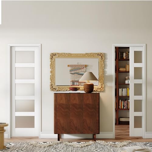 White Primed Double Sliding Pocket Door 60" x 80" with 5 Lites Tempered Frosted Glass Panels Y427411