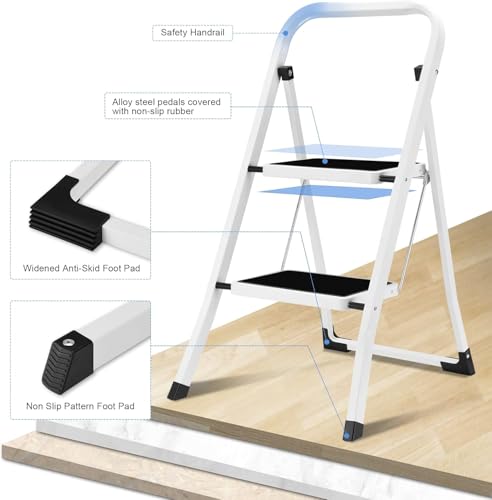 White 2 Step Folding Ladder with Handrails M1695