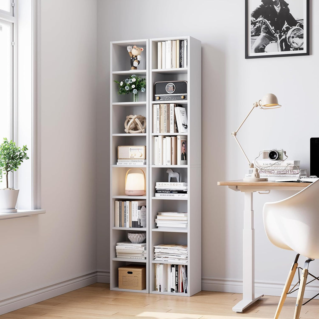 White 8-Tier Narrow Bookshelf with Adjustable Shelves O7424