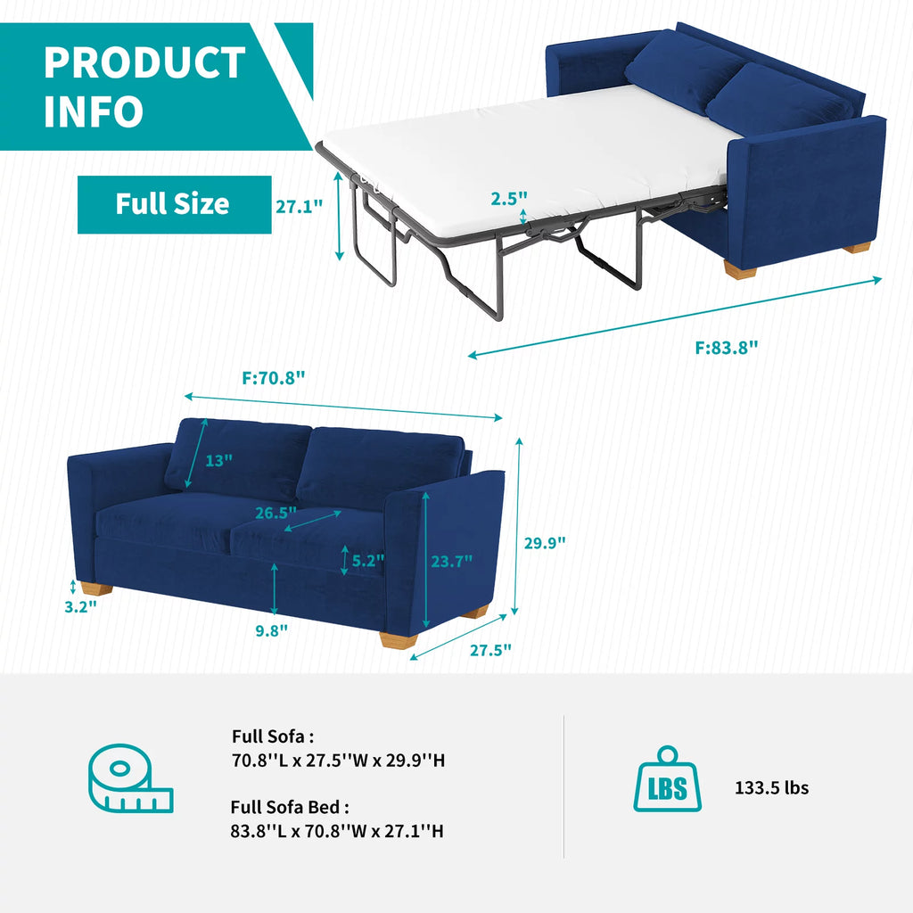 Blue Velvet Pull Out Sofa Bed with Foam Mattress W34503