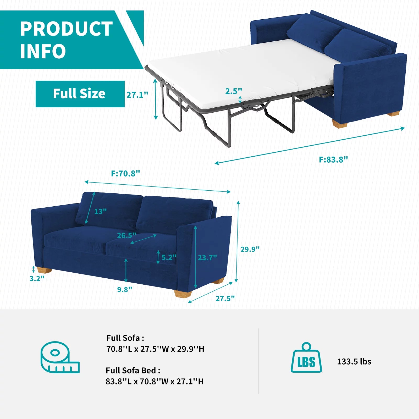 Blue Velvet Pull Out Sofa Bed with Foam Mattress W34503