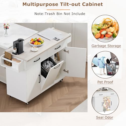 Kitchen Island Cart with Trash Can Storage, Drop Leaf, Drawers, Adjustable Shelves, Lockable Wheels A72321