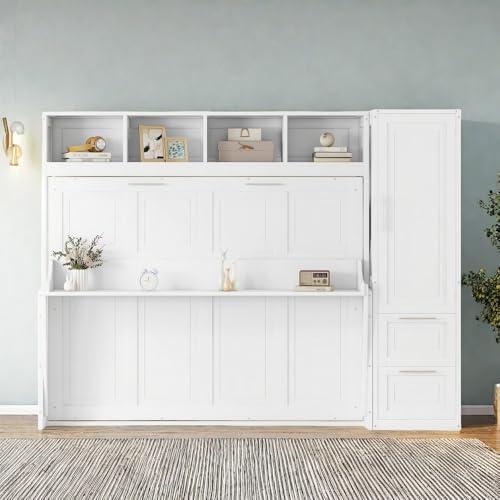 Gray Queen Size Murphy Bed with Desk Wardrobe Storage Shelf J158