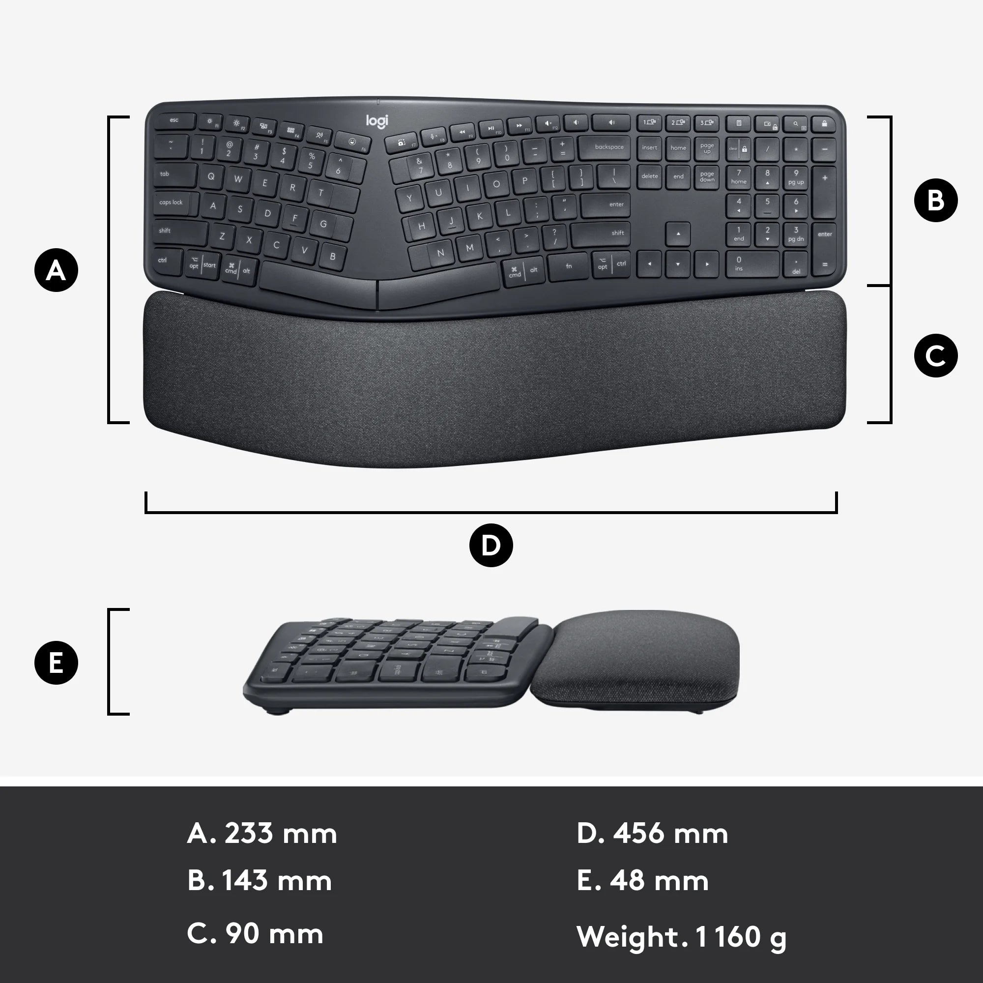 Graphite Ergonomic Split Keyboard with Wrist Rest F125996