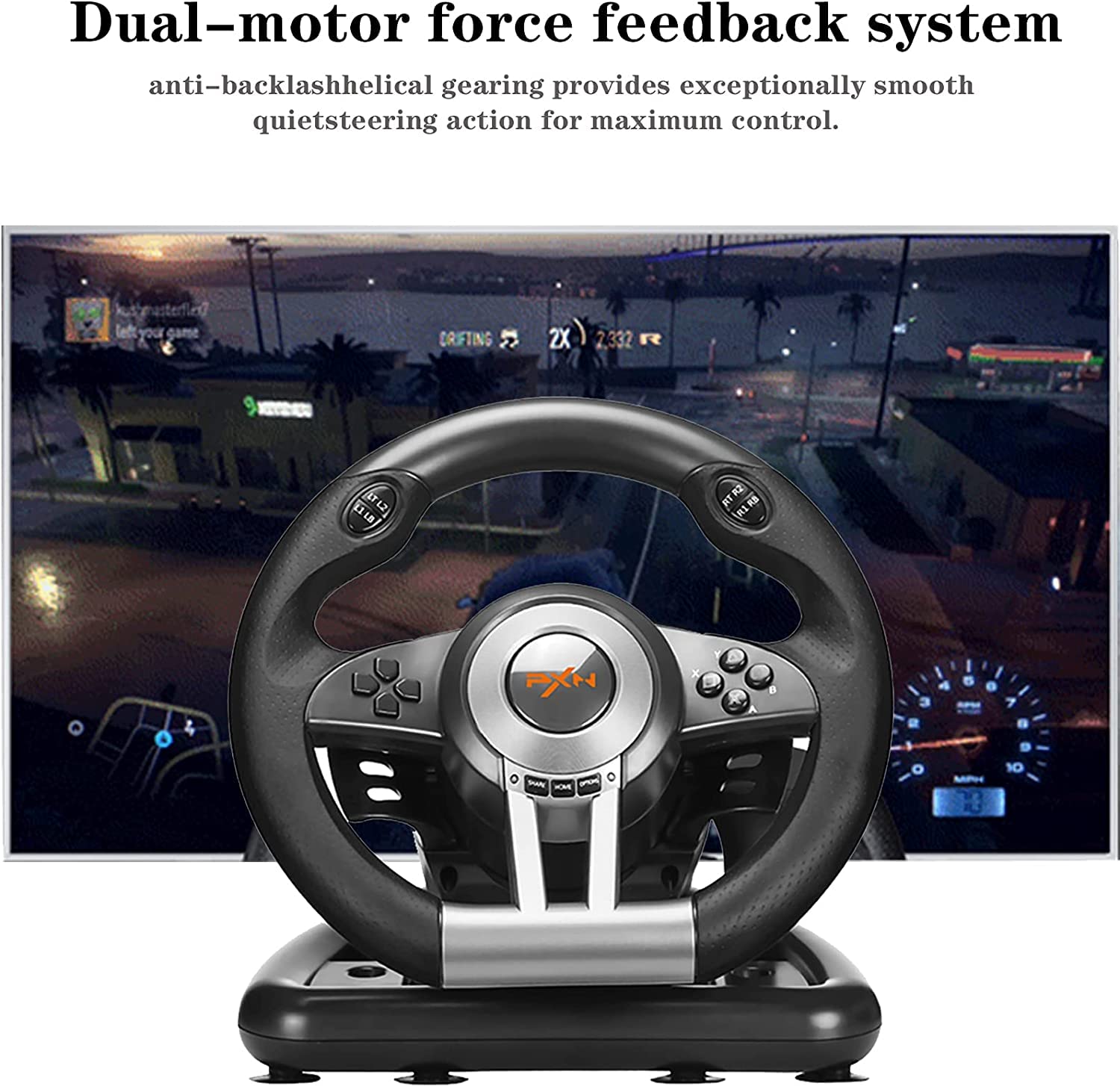 Gaming Steering Wheel with Pedal 180 Degree for PC, PS3, PS4, Xbox One, Xbox Series X/S, N-Switch (Black) W785
