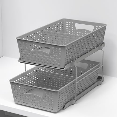 2 Tier Bathroom Organizer Tray Pull-Out Sliding Drawer Under-Sink Storage, Brown P22191