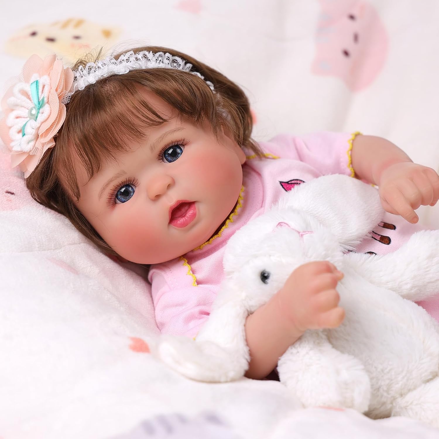 20 Inch Cloth Body Hand-Rooted Brown Hair Blue Eyes Poseable Reborn Baby Doll O4531