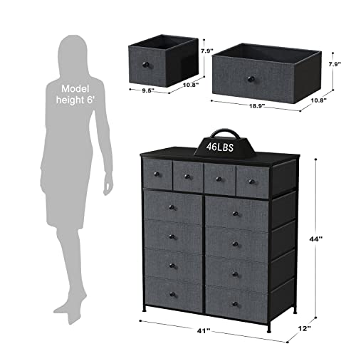 12 Drawer Fabric Dresser with Metal Frame, Wood Top, Light Grey Q1816
