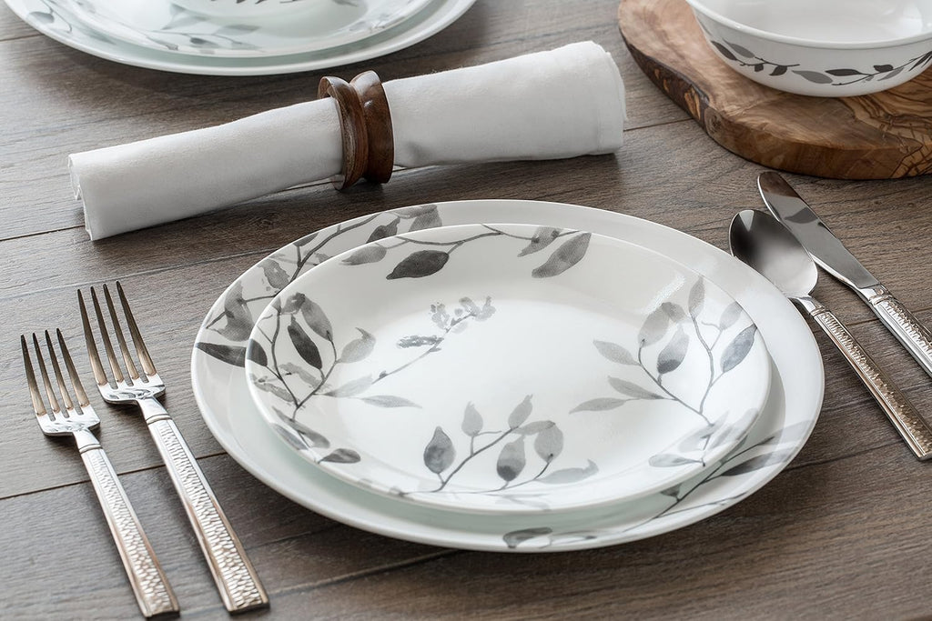12-Piece Vitrelle Misty Leaves Chip and Break Resistant Dinner Set, Grey X54774