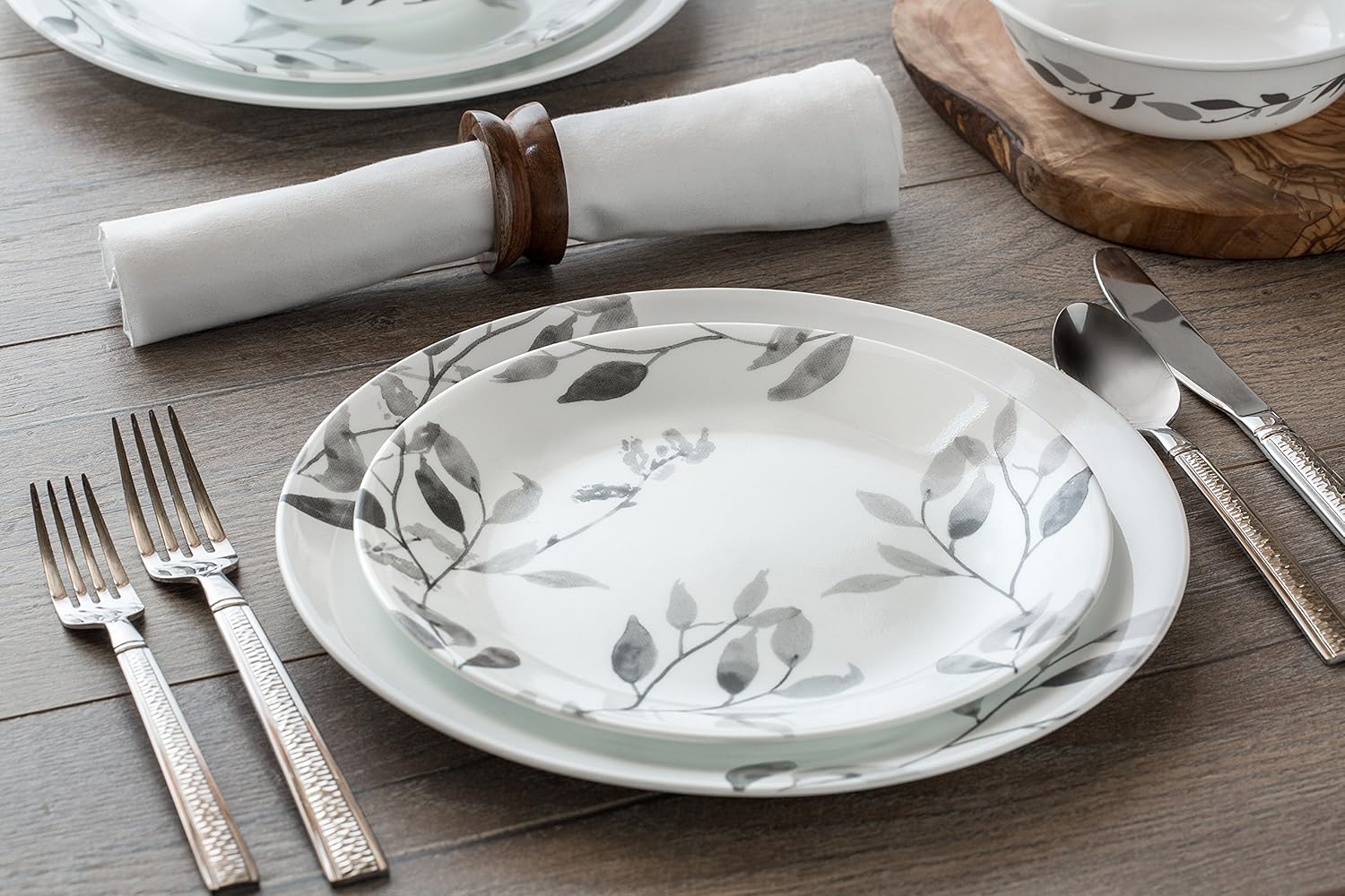 12-Piece Vitrelle Misty Leaves Chip and Break Resistant Dinner Set, Grey X54774