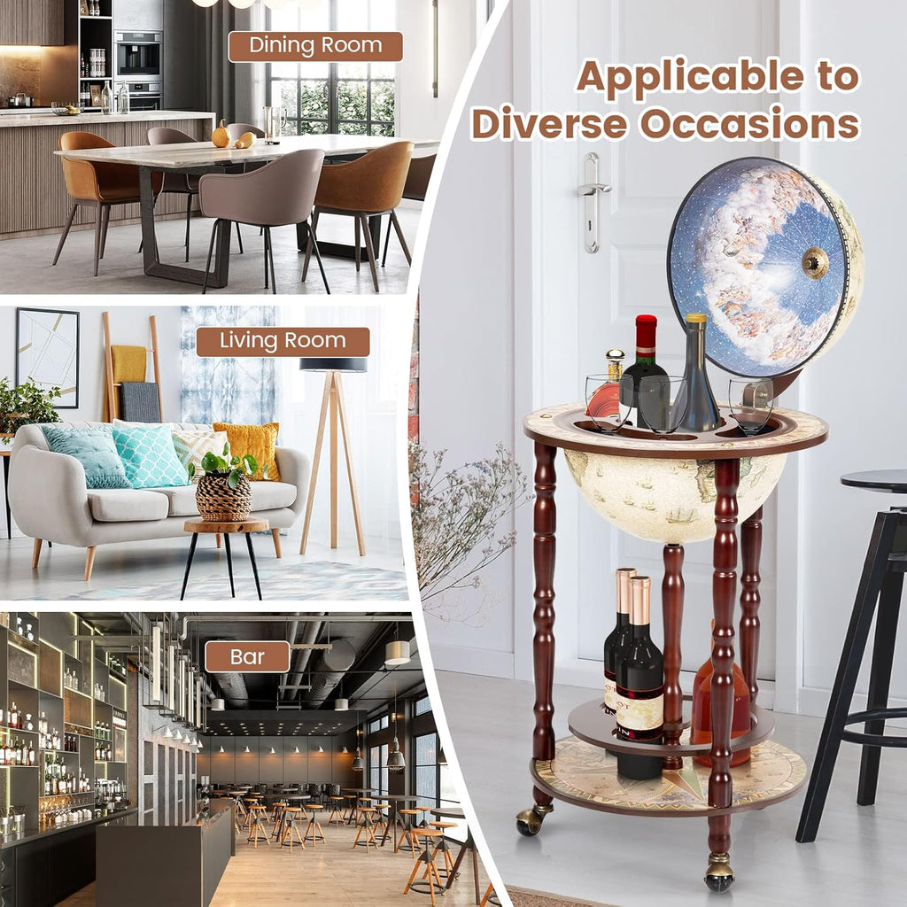 Creamy White Wood Globe Wine Bar Cabinet with Wheels H469