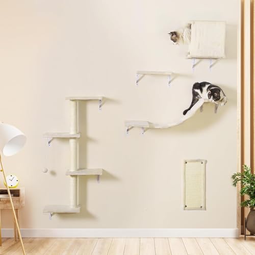 5pcs Wooden Cat Wall Shelves with House, Bridge, Tree, Steps, and Scratcher (Black) K987