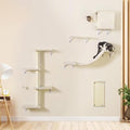 5pcs Wooden Cat Wall Shelves with House, Bridge, Tree, Steps, and Scratcher (Black) K987