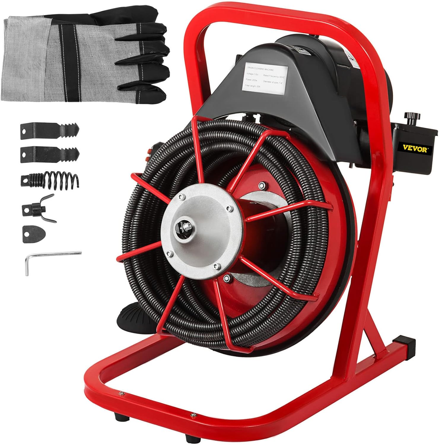 50 Ft x 3/8 Inch 250W Portable Electric Drain Auger with Cutters Glove K75430