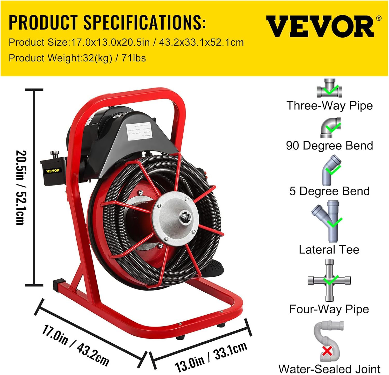 50 Ft x 3/8 Inch 250W Portable Electric Drain Auger with Cutters Glove K75430