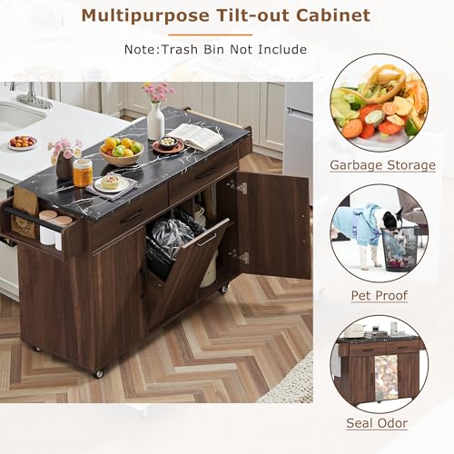 Kitchen Island Cart with Trash Can Storage, Drop Leaf, Drawers, Adjustable Shelves, Lockable Wheels A72321