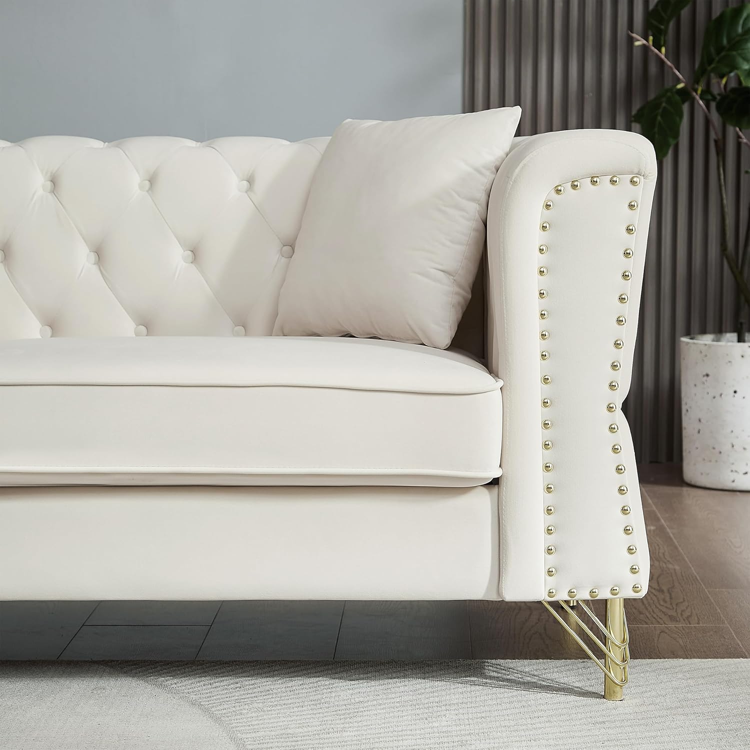 Grey Velvet 3 Seater Chesterfield Sofa with Metal Foot and Nailhead S3506