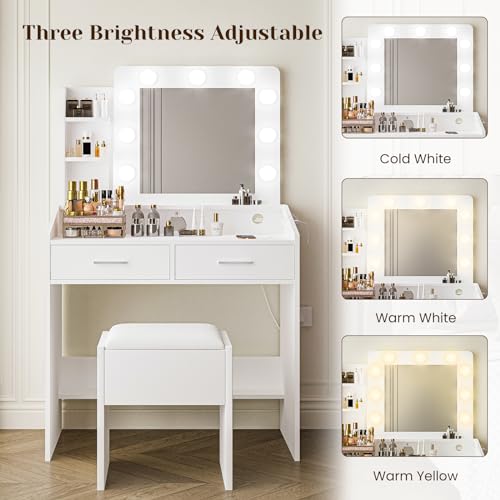 Black Vanity Desk with Mirror and Lights, 2 Drawers, Cushioned Stool P3689