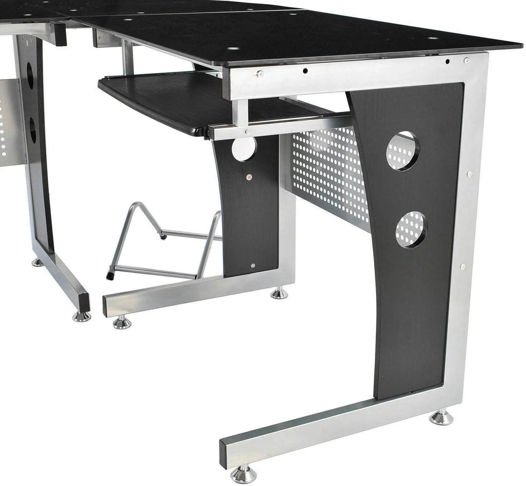 Black L-Shape Corner Tempered Glass Top Computer Desk with Keyboard Tray W377