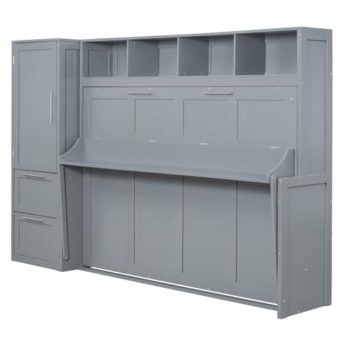 Gray Queen Size Murphy Bed with Desk Wardrobe Storage Shelf J158