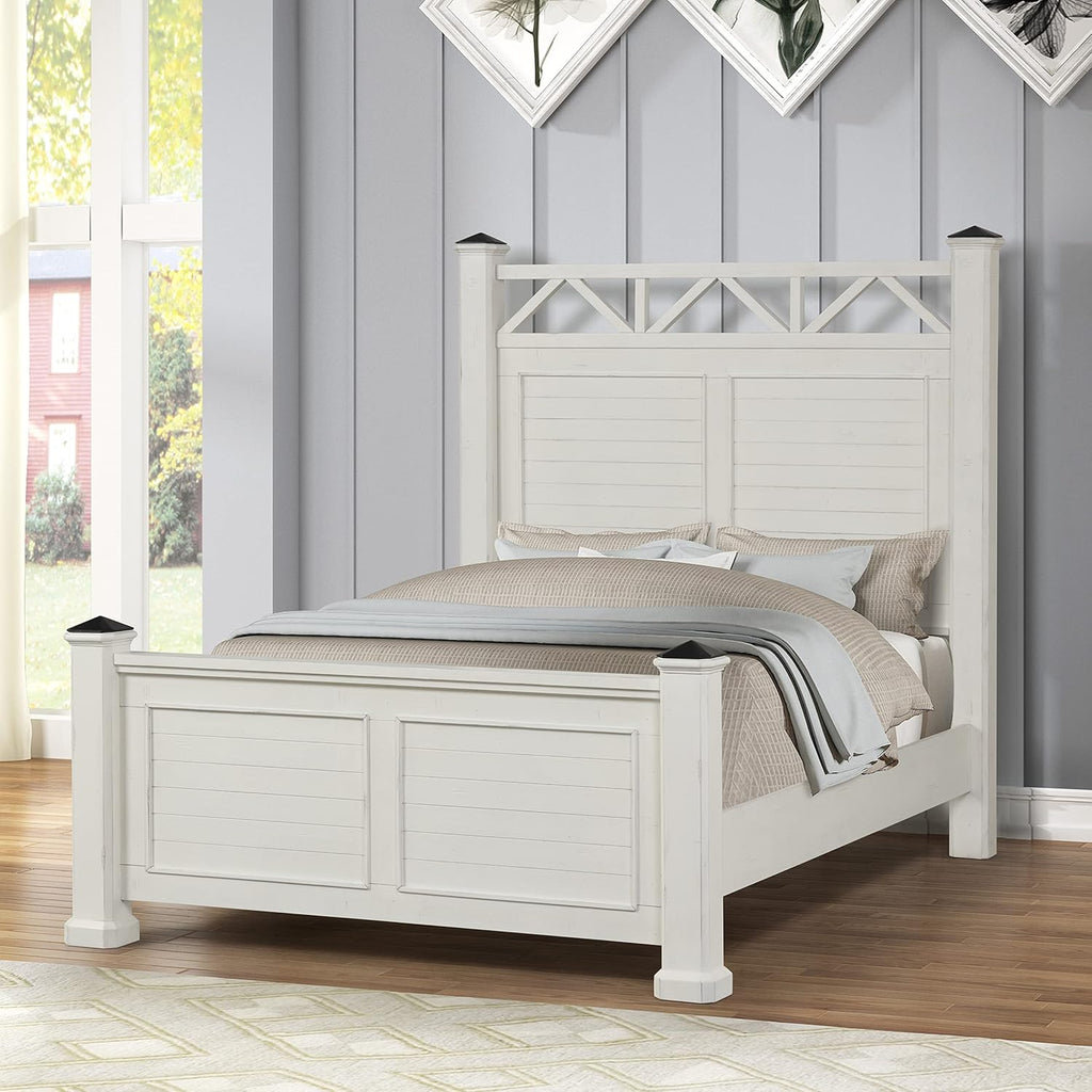 Antique White Queen Wood Panel Bed with Dresser, Mirror and Nightstand K3819