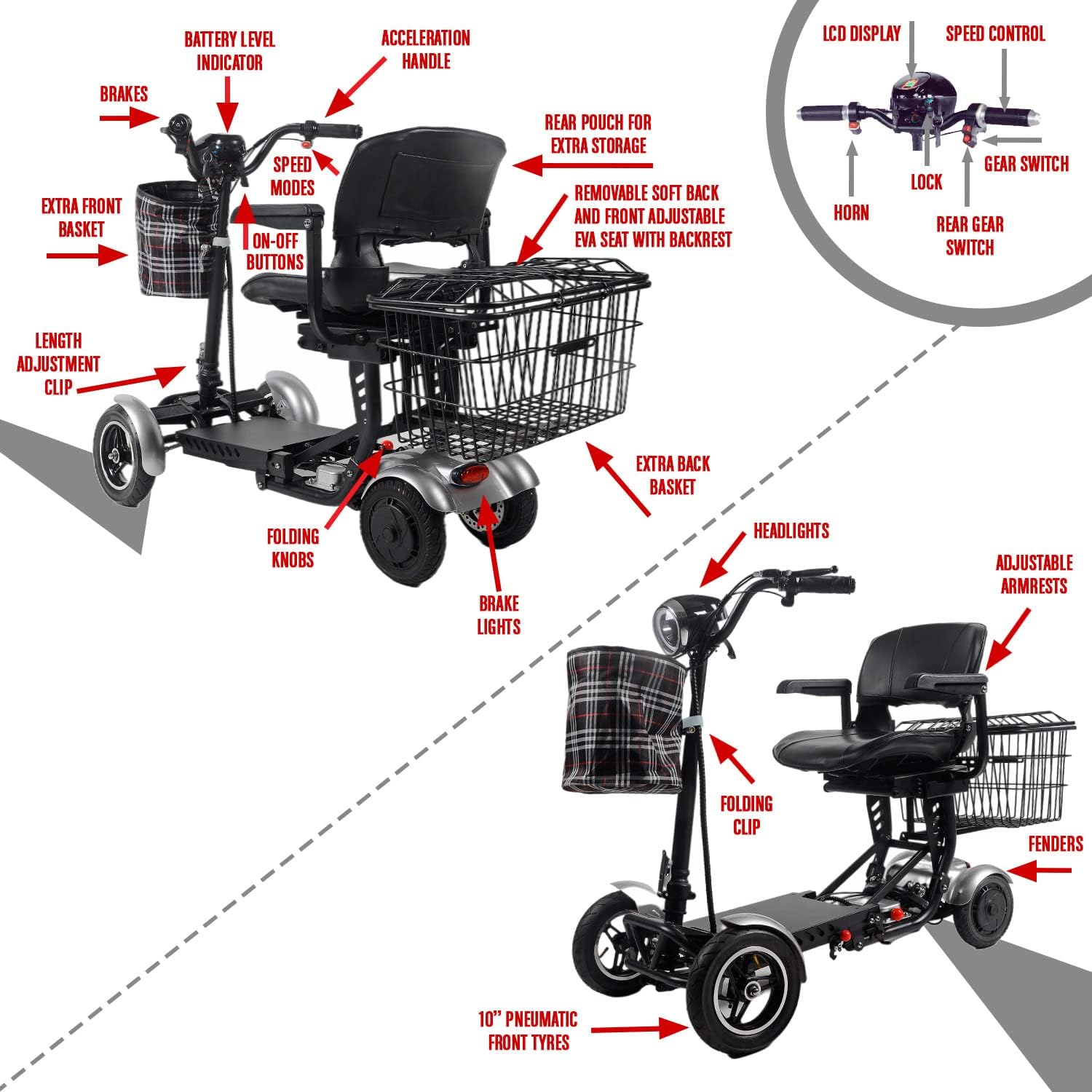 Foldable 4 Wheel Mobility Scooter with Long Range Battery 15.6AH P37086