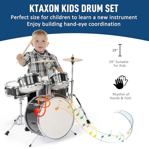 5-Piece Junior Drums Set with Throne Stool, Pedal & Drumsticks (Black) D817