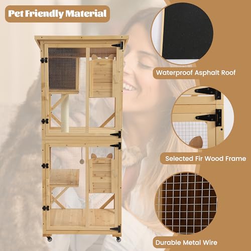 Black 4 Tiers Cat Enclosure with Wheels, Resting Box & Waterproof Roof E530441