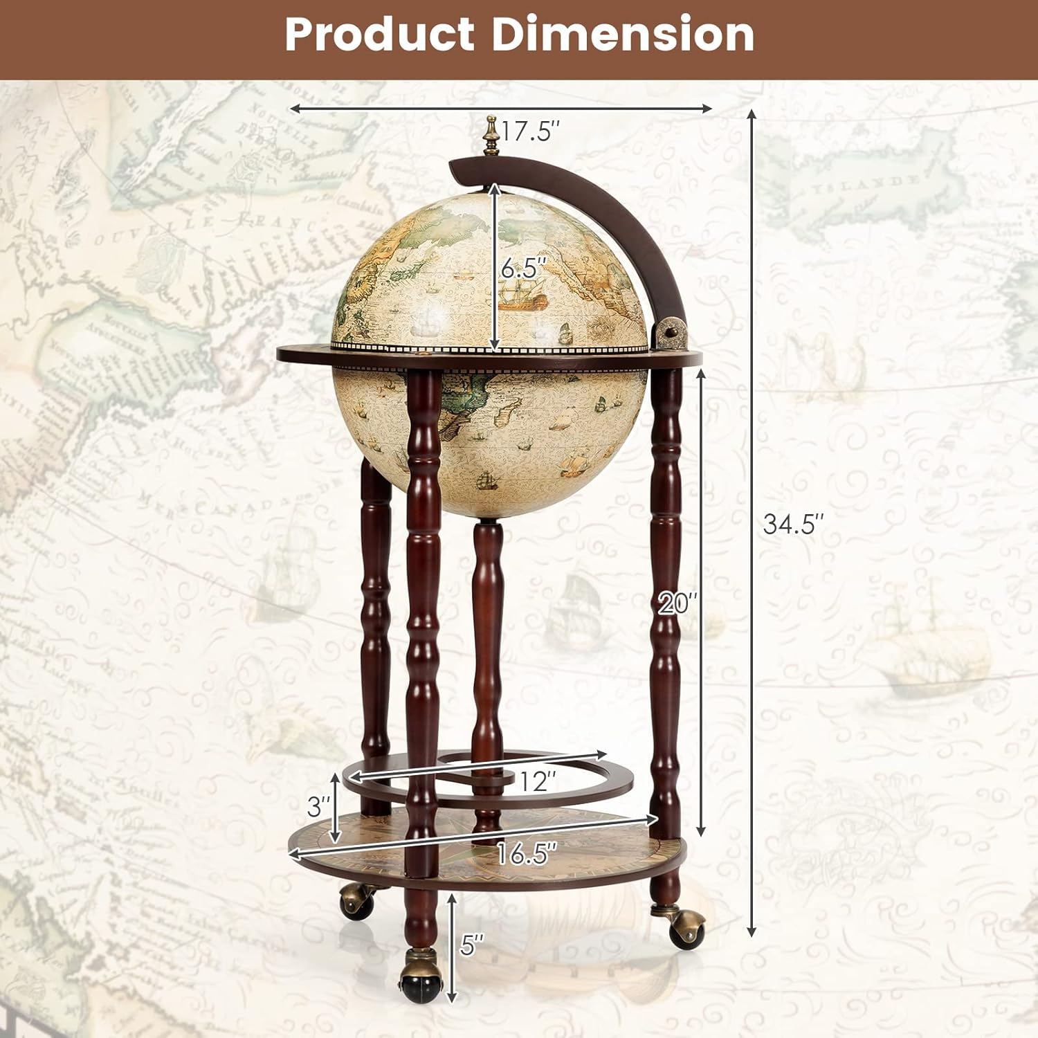 Creamy White Wood Globe Wine Bar Cabinet with Wheels H469