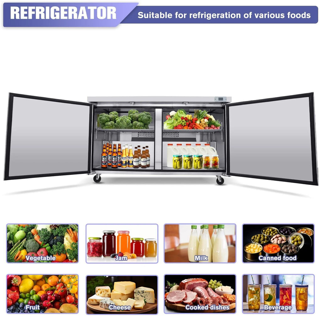 60" 2-Door Commercial Stainless Steel Undercounter Work Top Refrigerator 18Cu.Ft I847899