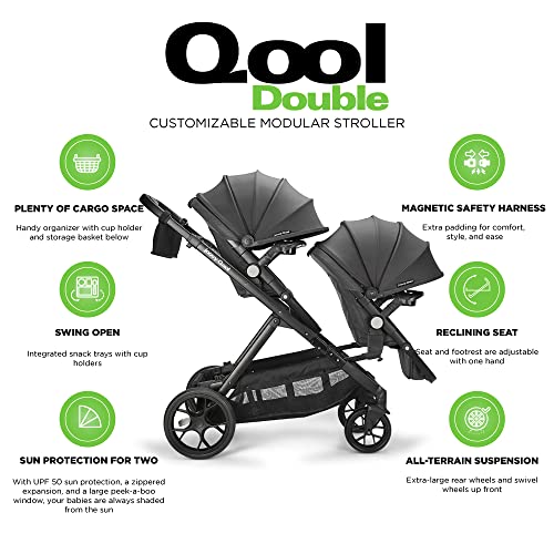 Double Stroller with Reconfigurable Seats, Magnetic Safety Harness, UPF 50 Sun Canopy, and Large Storage Basket, Jet L18393