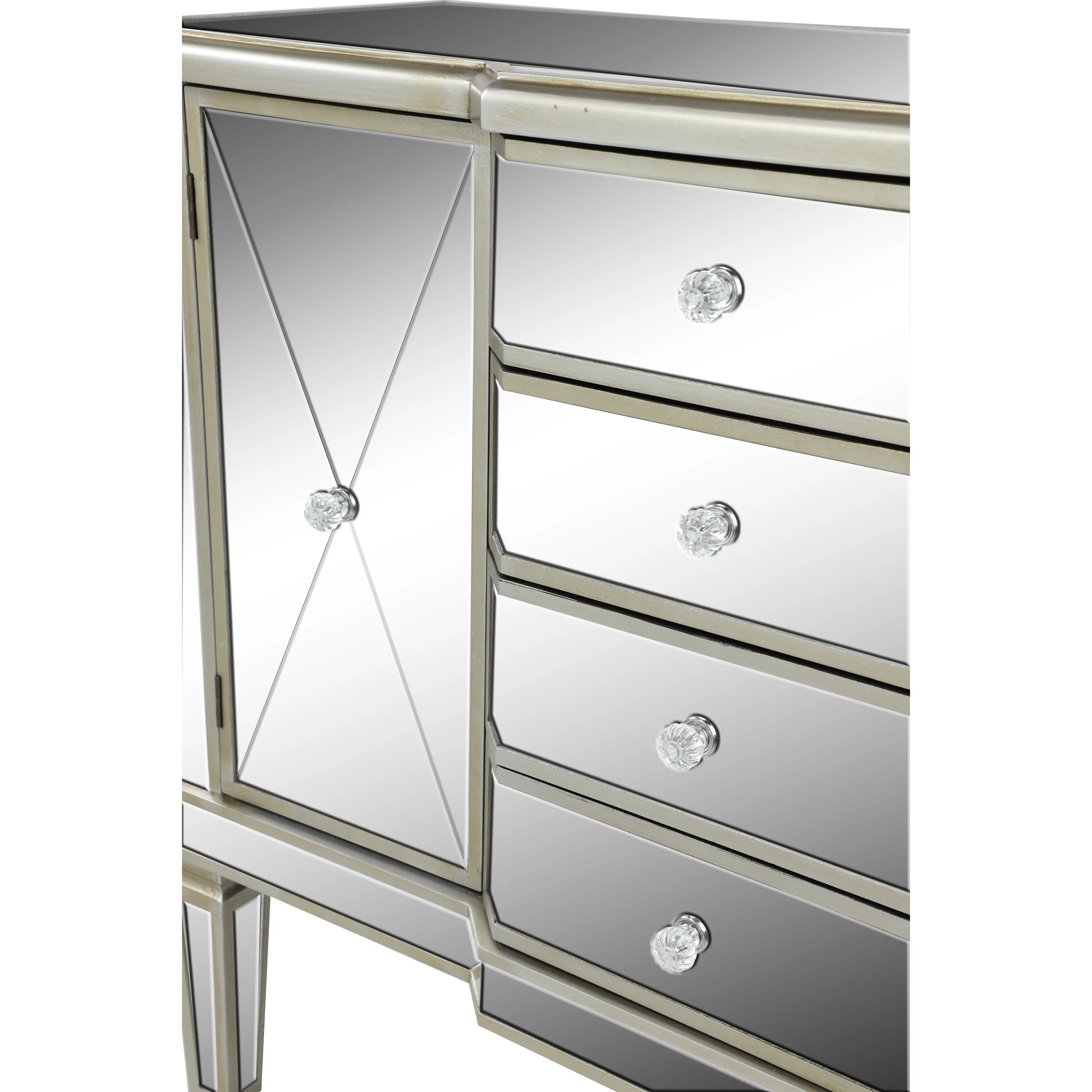 Silver Wood Mirrored Panel 4 Drawers 2 Shelves 2 Doors Buffet T48421