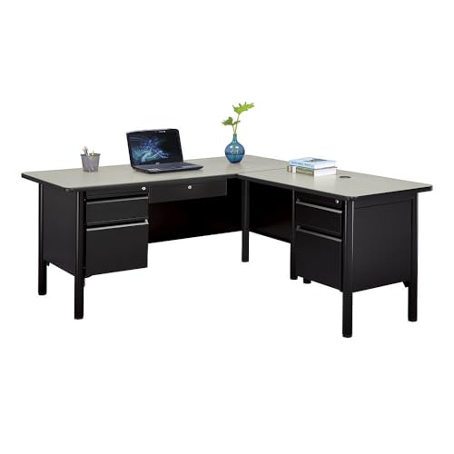 Gray Top Black Steel Frame L Shaped Desk with Center Drawer R777363