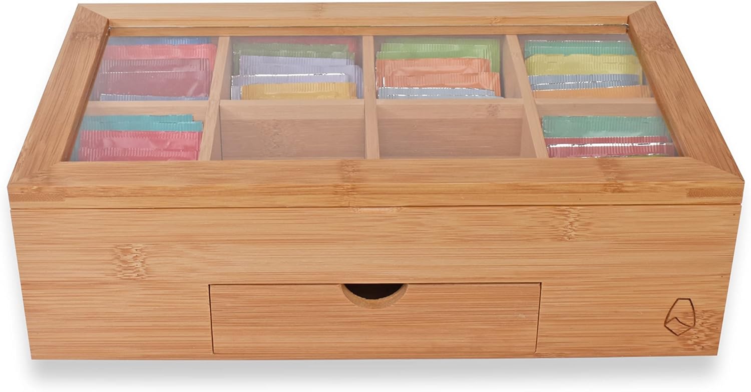 Bamboo Wood Tea Bag Storage Organizer with 8 Compartments and Drawer Q895689