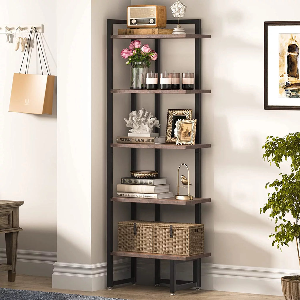 Rustic Brown 5 Tier Corner Bookshelf with Metal Frame Y67828