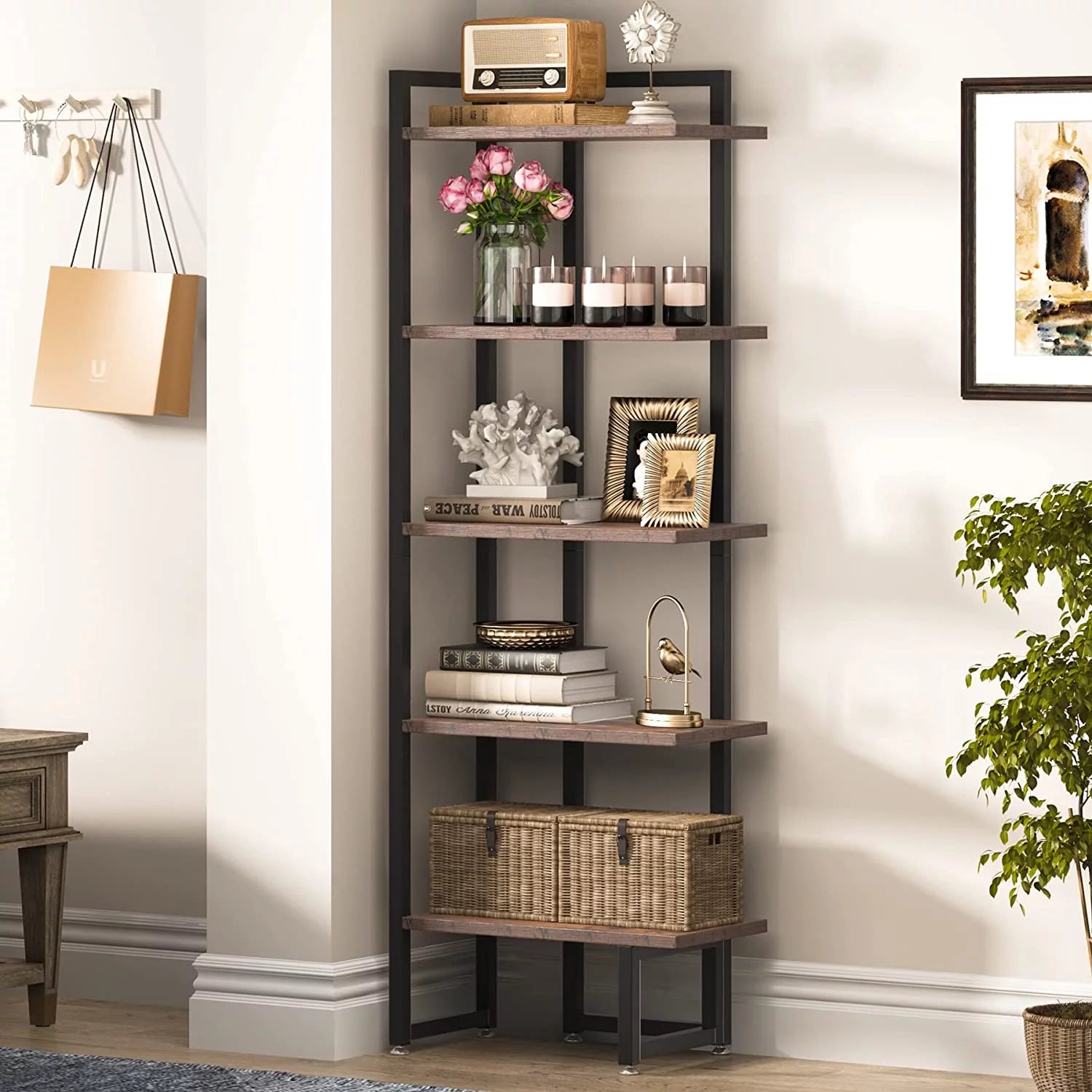 Rustic Brown 5 Tier Corner Bookshelf with Metal Frame Y67828