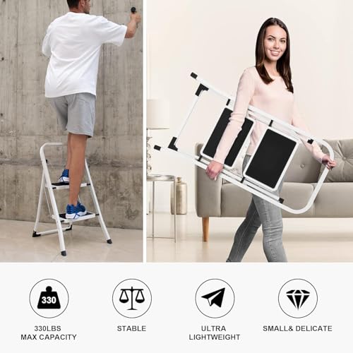 White 2 Step Folding Ladder with Handrails M1695