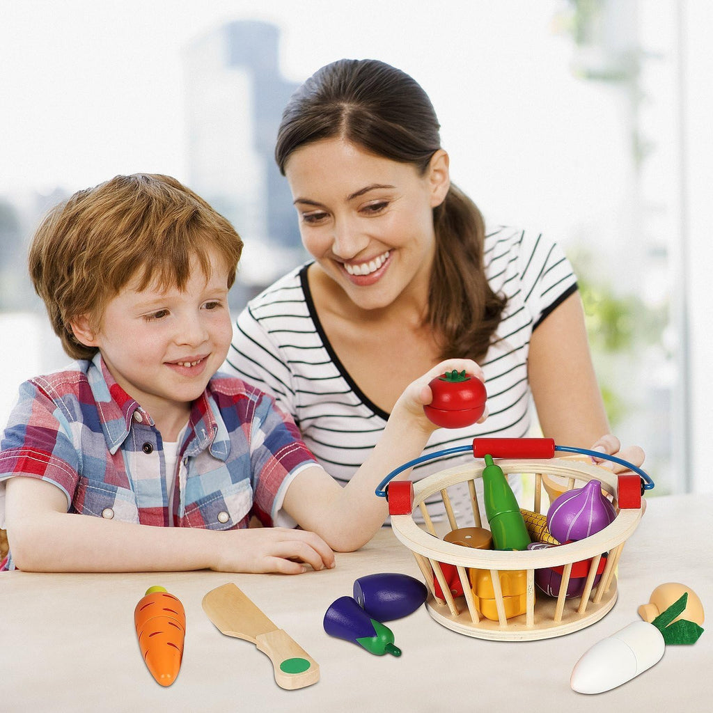 Magnetic Wooden Cutting Food Play Toy Set with Basket R501771