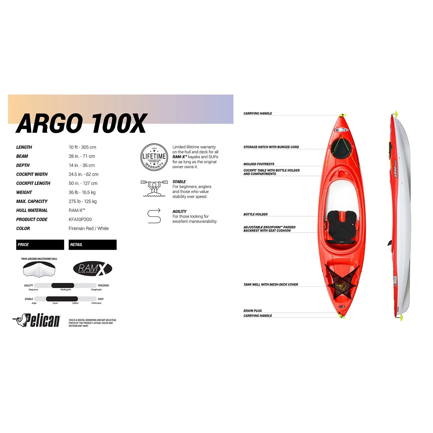 Recreational Sit-In Kayak 10 ft Fireman Red L8208