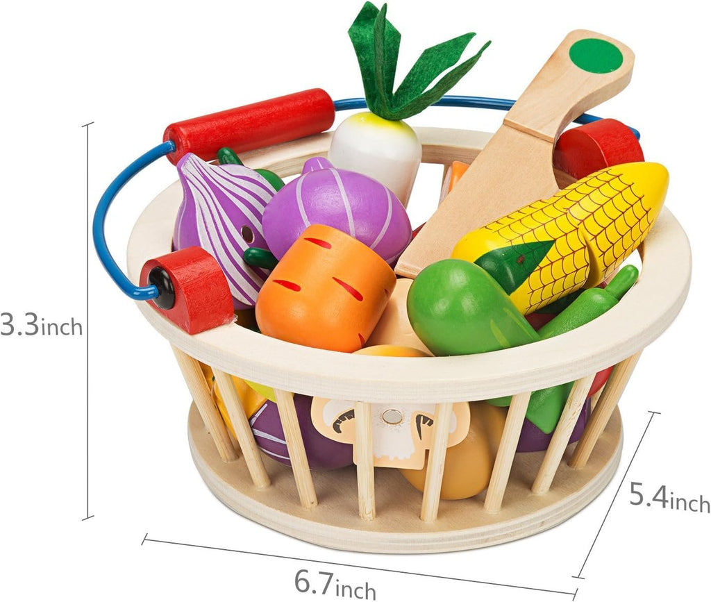 Magnetic Wooden Cutting Food Play Toy Set with Basket R501771