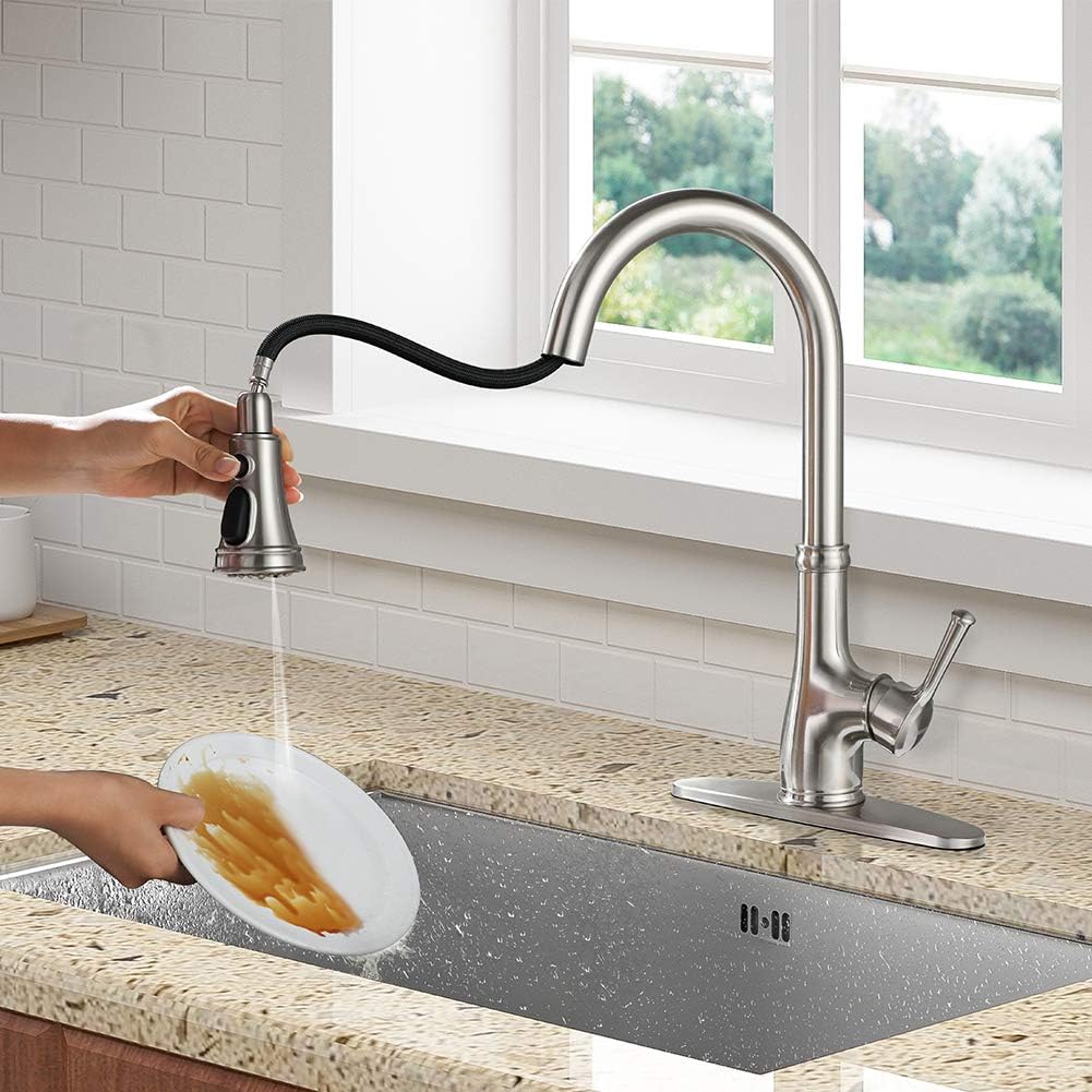 Single Handle Brushed Nickel Pull Down Kitchen Sink Faucet with Pull Out Sprayer H8156